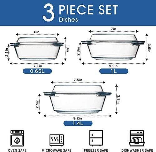 Pirofila in Vetro Con Coperchio - Set Di 3 (0,65L + 1L + 1,4L) - Foto 2 di 12