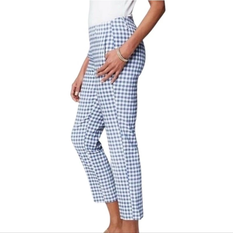J.Jill Linen Stretch Pants Blue Gingham Cottage Coastal Euro Summer Plus Size 3X