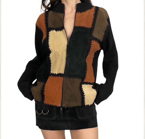 Suéter tejido con doble cremallera de patchwork de gamuza mangas de tela para mujer talla mediana” - Imagen 3 de 14