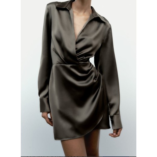 Zara Damen kurzes Kleid Satinoptik Reverskragen V-Ausschnitt schwarz Größe L - Bild 1 von 11