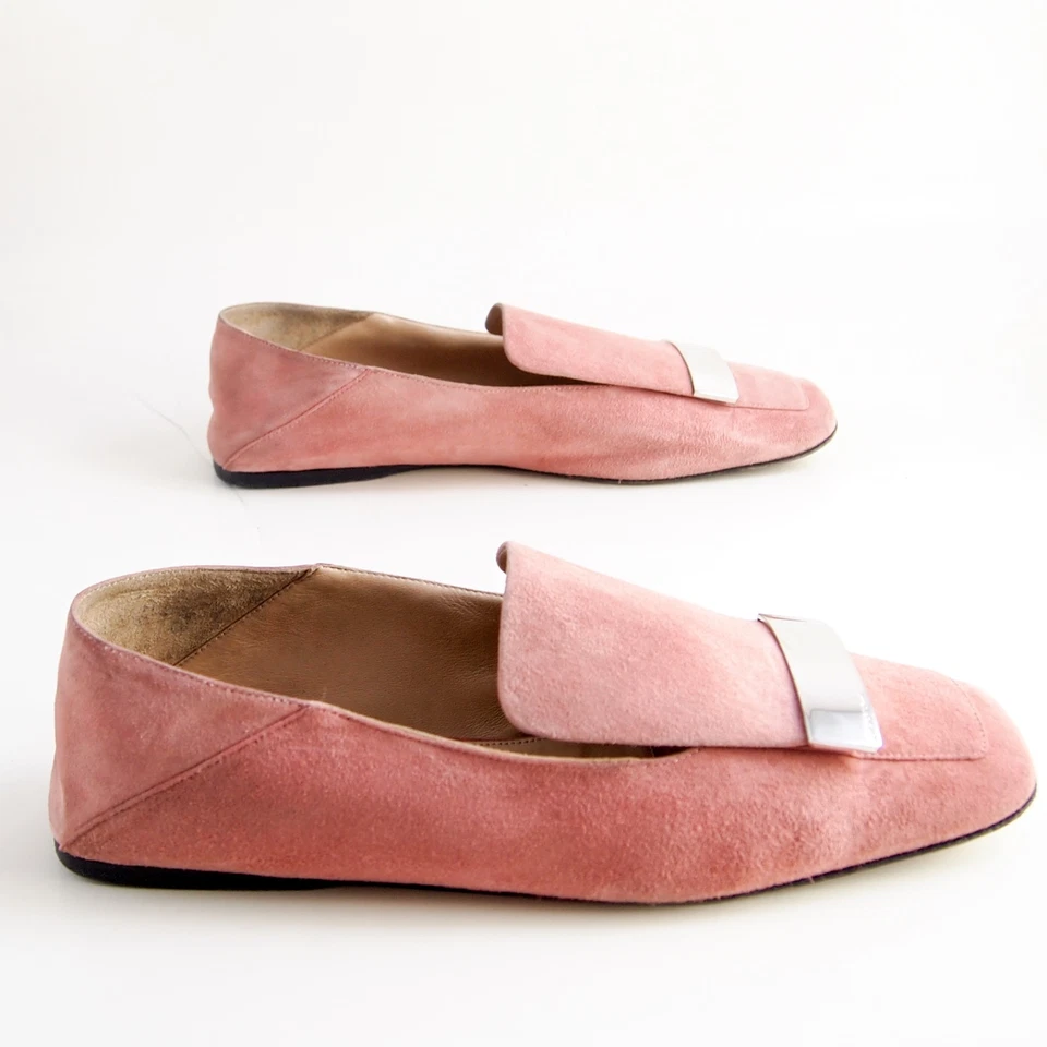 Mocasines Sergio Rossi SR1 40 EE. UU. 10 para mujer rosa gamuza punta cuadrada sin cordones planos Foto 2 de 4