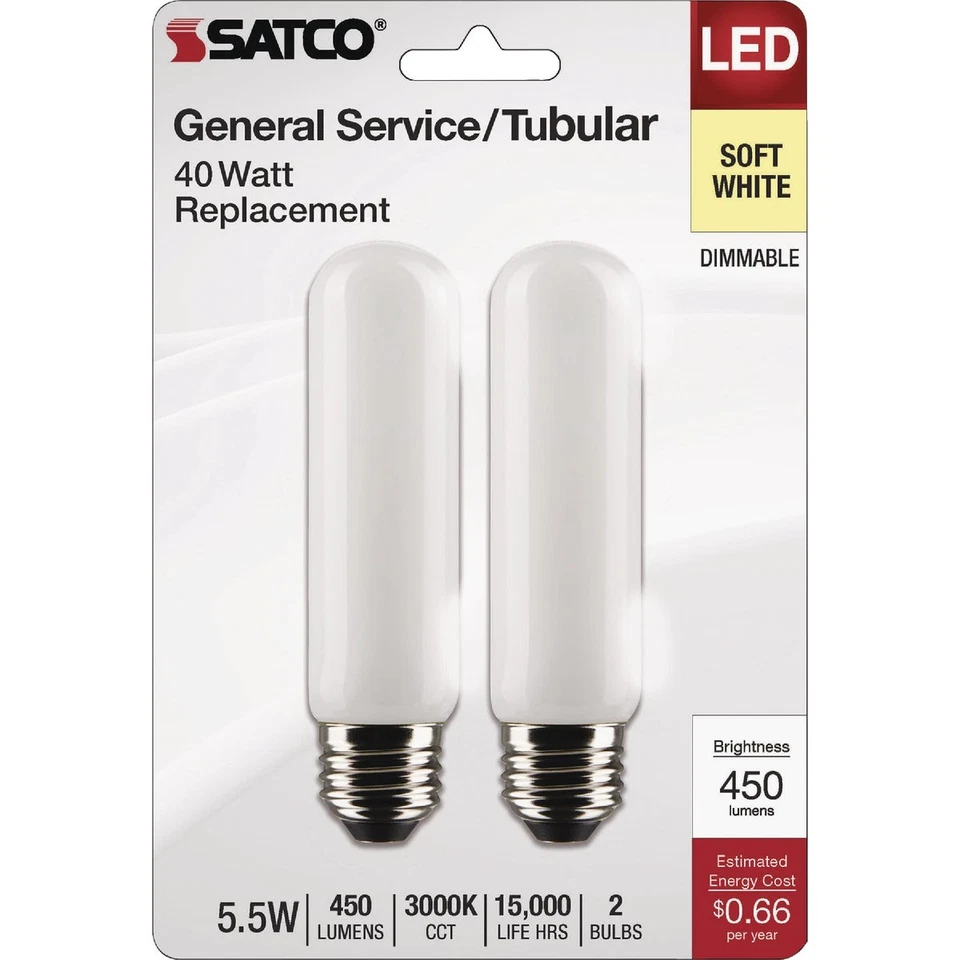 Satco 40W Equivalent T10 Medium Base 3000K Frosted LED Bulb (2-Pack) S21864 - Image 2 of 4