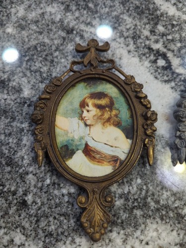 2 Vtg Small 6.5” Ornate Brass/Pewter Oval Frames Mirror Picture Made in Italy - Picture 2 of 8