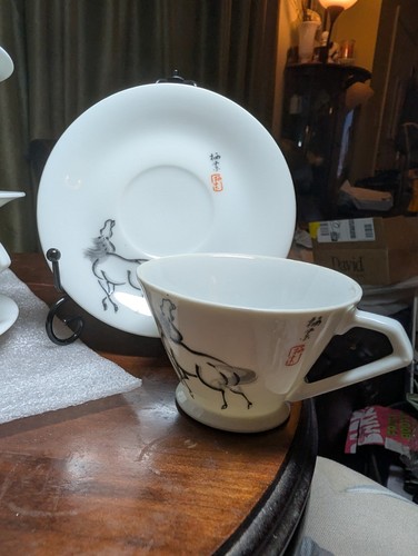 ANTIQUE Set 6 Cup Saucer Jingderzhen Porcelain Xie Ji Handpainted Horse Signed - Picture 9 of 24