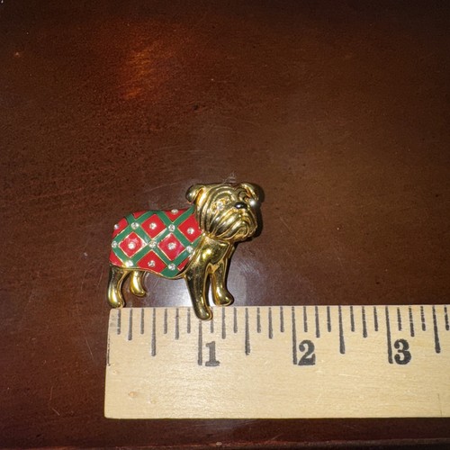 Gold Tone Bull Dog Pin Brooch Enamel Red Green Sweater With Sparkly Rhinestones - Picture 5 of 5