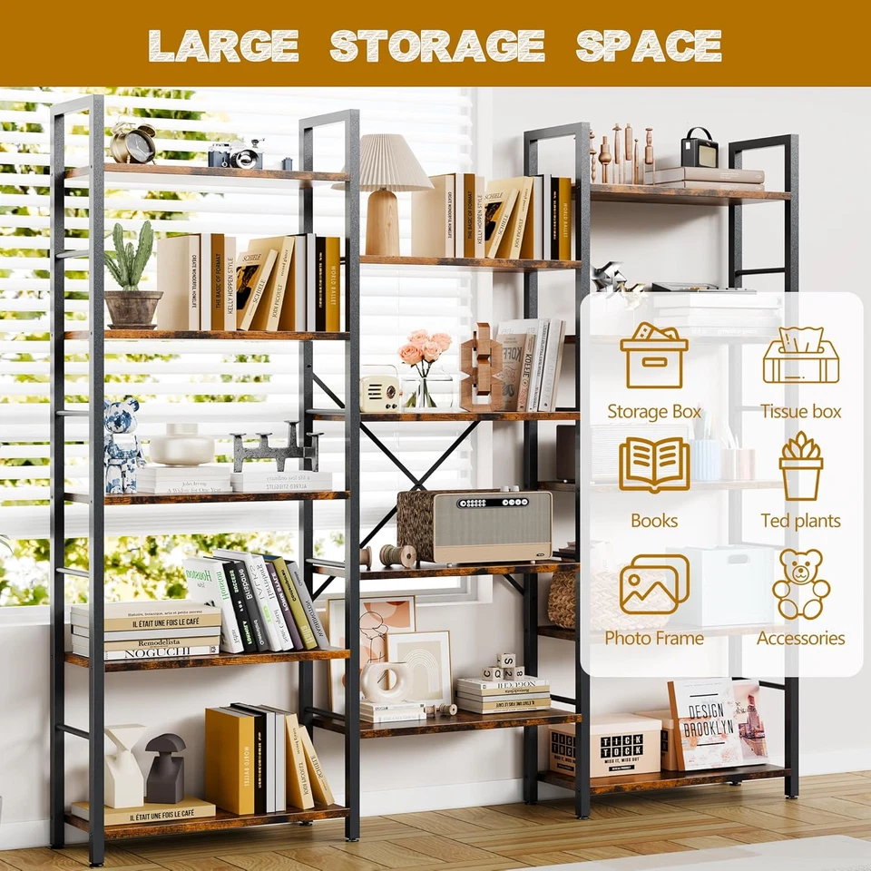 Triple Column 5 Tier Bookshelf, Industrial Large Bookcase with 14 Open Display S - Image 4 of 4