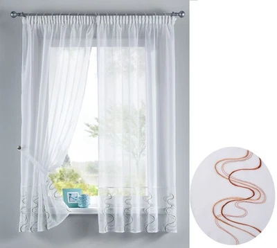 Stickerei Gardinen Set 4 Tlg. Tunneldurchzug Voile Welle Braun HxB 150x90 cm - Bild 1 von 4