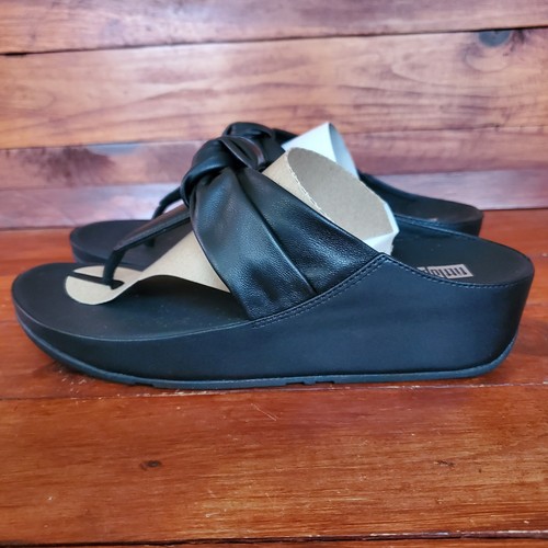 FitFlop Sandals Women 9 Black Leather Twiss II Knot Strap Toe-Post - Picture 2 of 7