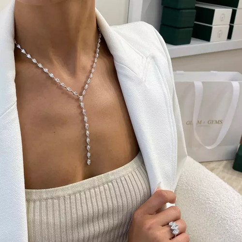 REAL 10.Ct Pear Cut Lab-Created Diamond Lariat Necklace 14K White Gold Plated - Picture 2 of 8