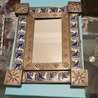 Mexican Punched Tin Mirror with Ceramic Blue Bird Talavera Tiles Rustic Folk Art