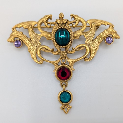 Vintage verzierte Drachen Brosche Buckelfarben Acryl Cabochon Strass goldfarben - Bild 1 von 24