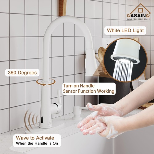 CASAINC Küchenarmatur mit herunterziehbarer Brause matt weiß mit LED Funktion 1... - Bild 2 von 7