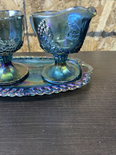 Indiana Vintage Carnival Glass Sugar Creamer Tray Iridescent Blue Harvest Grape - Picture 2 of 7