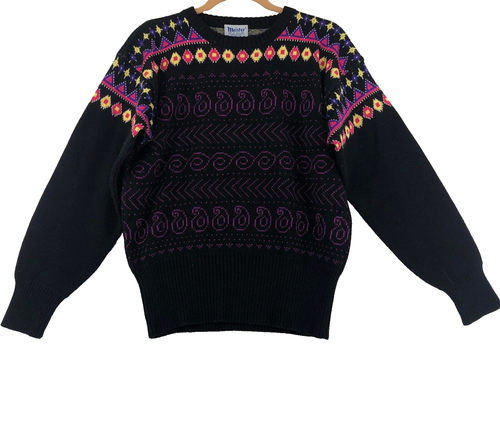 Meister Sweater Mens Small Black Print Wool Blend Vintage 80s Nerd Grandpa Cosby