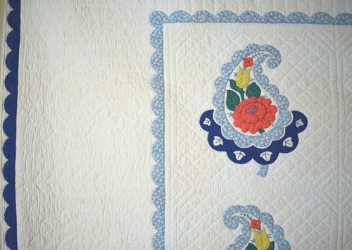 WELL QUILTED Vintage 30's Floral Poppy Tulip Paisley Applique Antique Quilt! - Picture 5 of 9