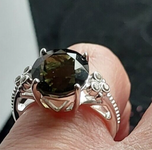 Out of this world Gem ~  Moldavite & Zircon Sterling Silver Ring 3.05cts N/O, - Afbeelding 1 van 7