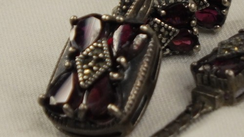 Vintage Sterling Silver 925 Parure Marcasite and Red Spinel Teardrops by JC Nice - Picture 12 of 18