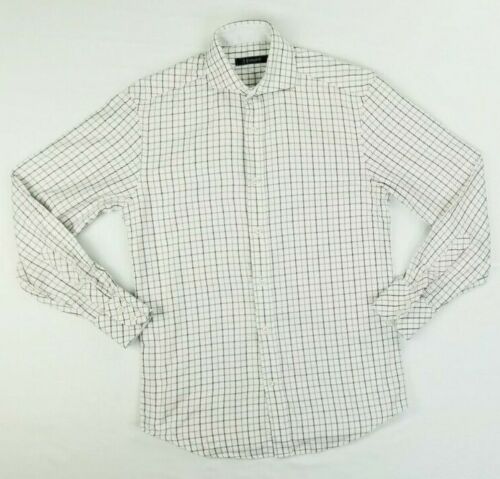 J Cambell Men's Spread Collar White Brown Black Trim Check Long Sleeve 14.5 32/3 - Picture 1 of 6
