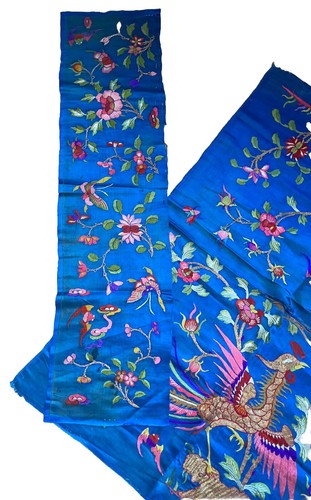 PANELES DE SEDA ORIENTALES ANTIGUOS BORDADOS A MANO ORO AZUL X 3 - Imagen 6 de 9