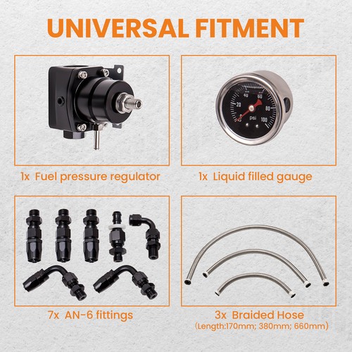 6AN Adjustable Fuel Pressure Regulator Kit 0-100PSI 300-800 hp Black New - Picture 6 of 12