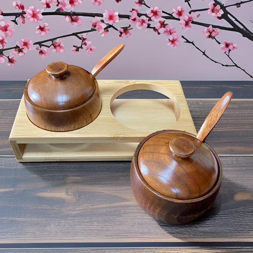 Yaokingdom 2-Piece Wooden Seasoning Jar Set with Lid and Spoon and a Bamboo 2-Ho