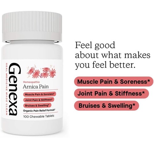 Genexa Arnica Pain Homeopathic Chewable Vegan Tablets 100 Count (Exp 2/28) - Picture 2 of 6
