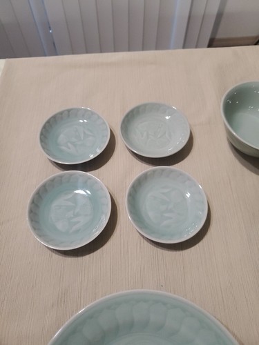 Platos, cuencos y cucharas de pescado koi verde Longquan Celadon chino de colección 16 piezas usados en excelente estado** - Imagen 8 de 24