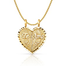 14K Yellow Gold Heart 2 Piece Charm Pendant 1.5mm Flat Open Wheat Chain Necklace