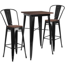 23.5" Black Metal Bar Height Restaurant Table Set Walnut Wood Top and 2 Barstool