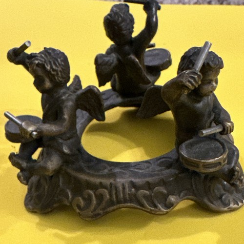 Vintage French Solid Bronze Angels with Drums Candle Holder/Paperweight 3" x 2” - Picture 9 of 12