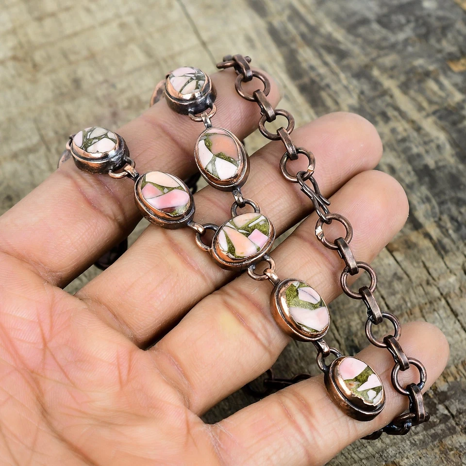 Collar Ovalado Cobre Rosa Ópalo Piedras Preciosas Cadena Electroformado Esposa Joyería Cobre Foto 4 de 4