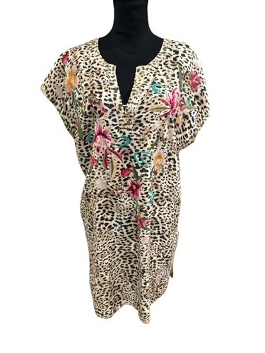 Johnny Was Tunika Kleid 1X braun Leopardenmuster bestickt Tiger Blumen kurz