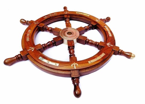 18" Durable Wooden Brass Design Ship Wheel For Nautical Pirate Themed Home Decor - Picture 4 of 8