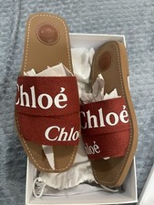 Chloe Woody Logo-Print Denim/Leather Slides Size 40 AUTHENTIC