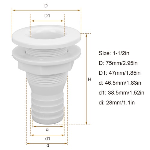 ❥White 1‑1/2in Thru Hull Fitting Straight ABS Hose Connector Accessory For Boats - Picture 2 of 12