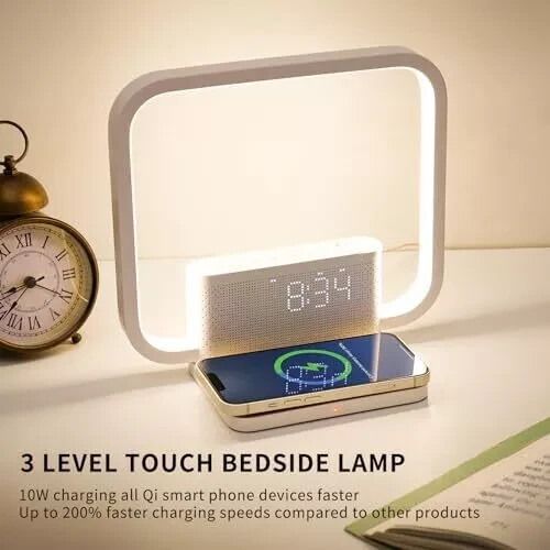 Dual Alarm Clock Bedside Table Lamp with Fast Wireless Charger Station for - Picture 7 of 8