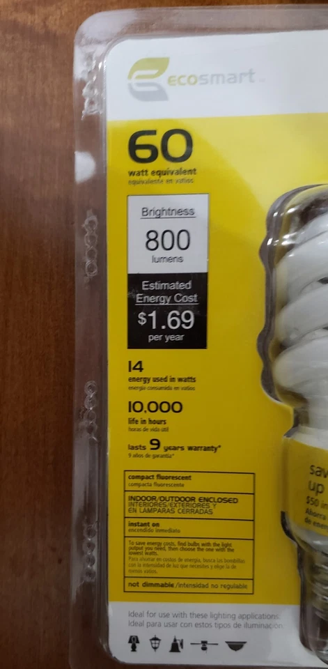 Ecosmart 60W Equivalent 14 Watt 800 Lumens CFL BRIGHT WHITE 8 BULBS (2-4PKs) NEW - Image 3 of 4