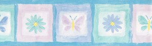 Wallpaper-Border-Butterflies-Daisy-In-Squares-Blue-Green-Lavender-Yellow-Lilac