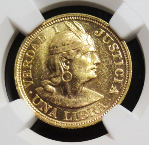 Peru: Republic gold Libra 1918 MS62 NGC, Lima mint, KM207, Fr-73 - Picture 1 of 4