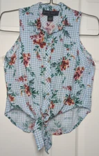 Polly & Esther Tie Front Top Floral Checkered Sleeveless Country Style Blue Red