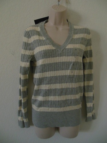 Maglione Tommy Hilfiger a righe con scollo a V a maniche lunghe a righe marca taglia L - Foto 4 di 8