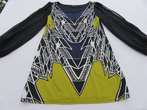 STAR JULIEN MACDONALD S/W & LIMETTE ABSTRAKTER DRUCK TUNIKA OBERTEIL CHIFFONÄRMEL UK 14