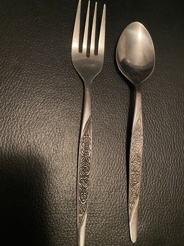 Vintage National Stainless Floral SALAD FORK & Spoon Flatware Replacements Roses - Picture 4 of 7