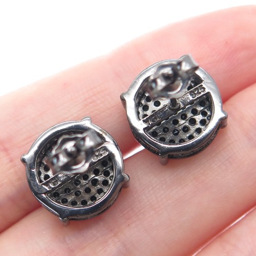 925 Sterling Silver Black Rhodium Real Round-Cut Black Spinel C Z Stud Earrings - Picture 2 of 8