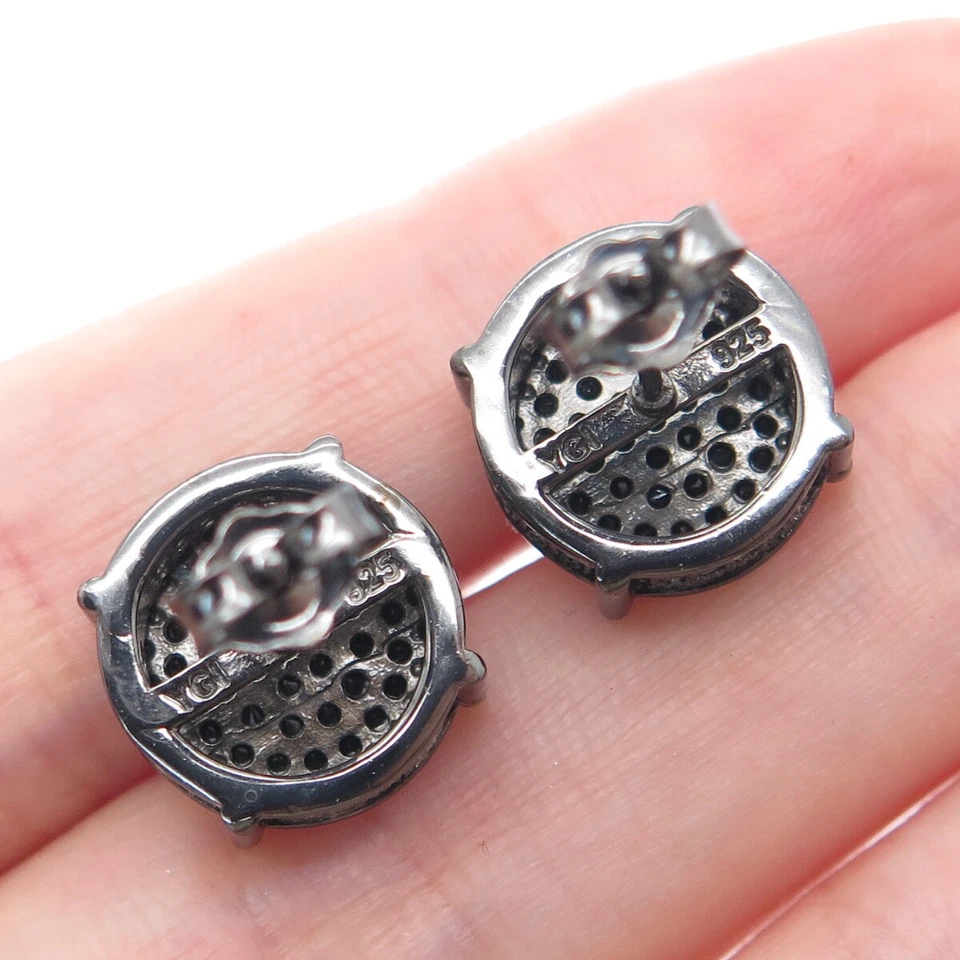 925 Sterling Silver Black Rhodium Real Round-Cut Black Spinel C Z Stud Earrings - Image 2 of 4