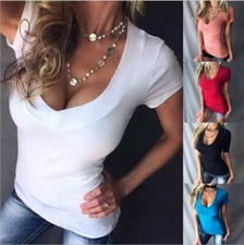 Women's Basic Low Cut Deep V-Neck Stretch Short Sleeve Slimming Top Shirt Tee