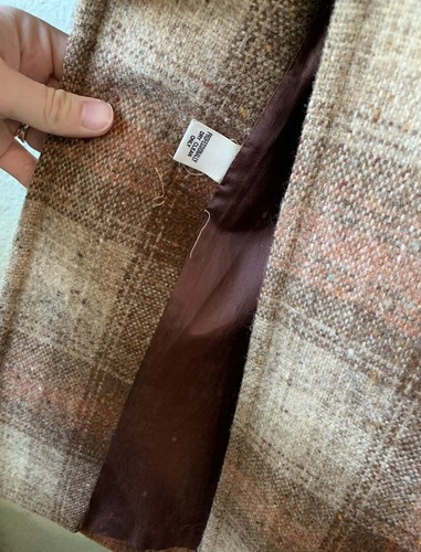 Vintage karierte Wolle/Tweed? Langer Mantel mit Knopfleiste mit Schal & Kapuze braun orange 70er Jahre - Bild 16 von 16