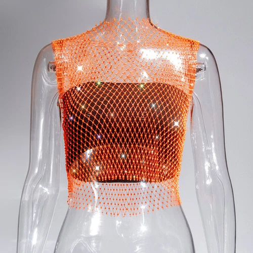 Rhinestones See-through Women Fishnet Tank Top Sexy Vest Mesh Crop Tops Babydoll - Picture 20 of 31