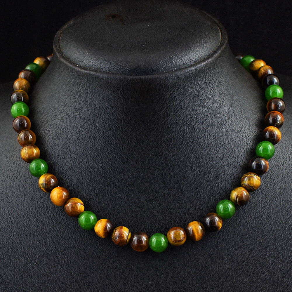 254 Cts Natural Tiger Eye & Jade Round Shape Beads Womens