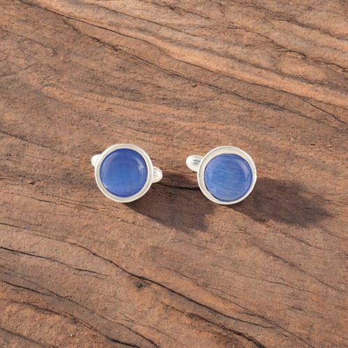Dark Blue Cat's Eye Gemstone 925 Sterling Silver Jewelry Cufflinks 0.50" For Him - Picture 1 of 2